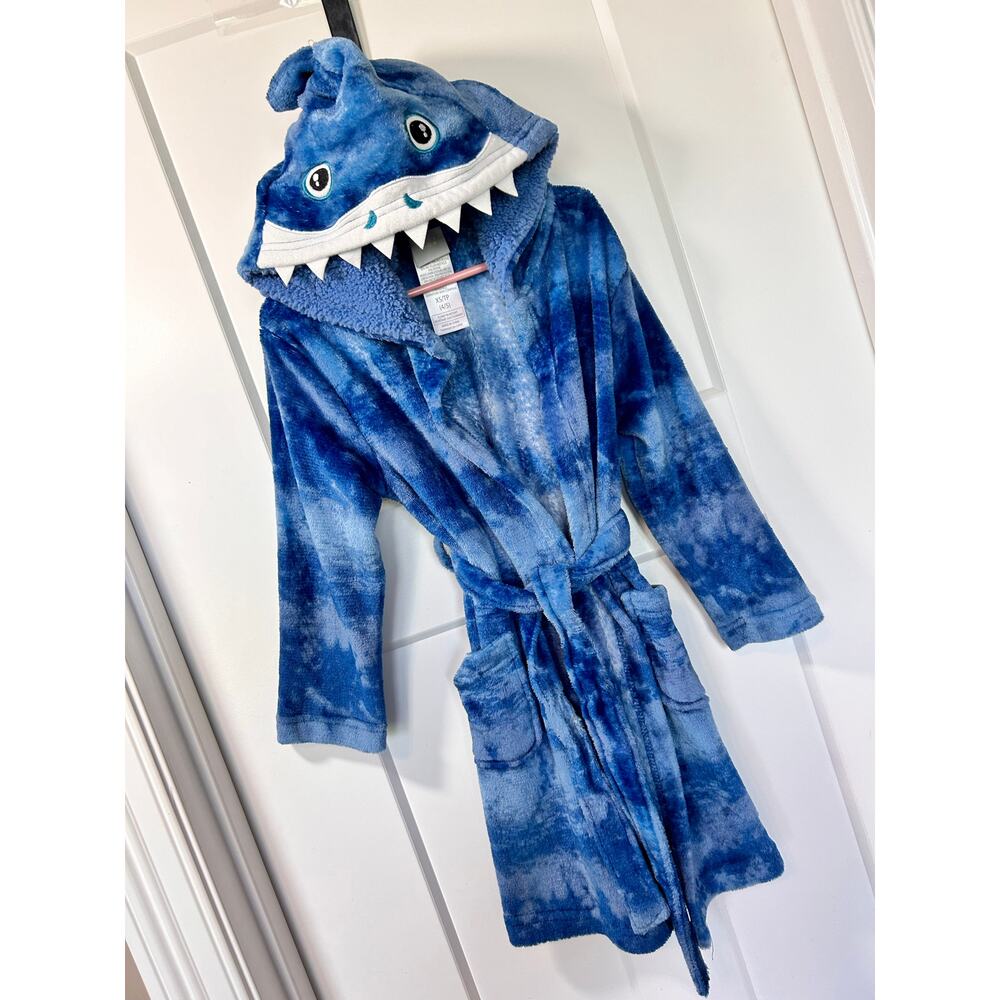Jellifish Kids Tie Dye Fleece Hooded Shark Face Robe Tie Belt Blue White Size XS